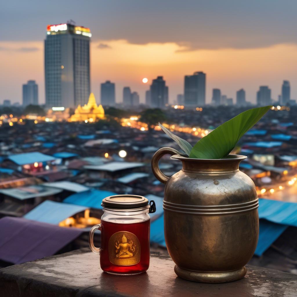 A stunning image of cambodian charm with a traditional sampot juxtaposed against modern city lights.