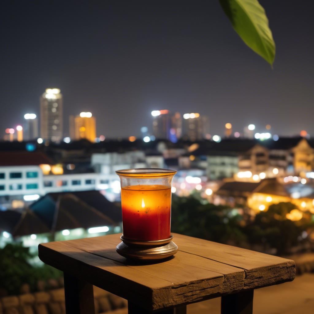 A stunning image of cambodian charm with a traditional sampot juxtaposed against modern city lights.