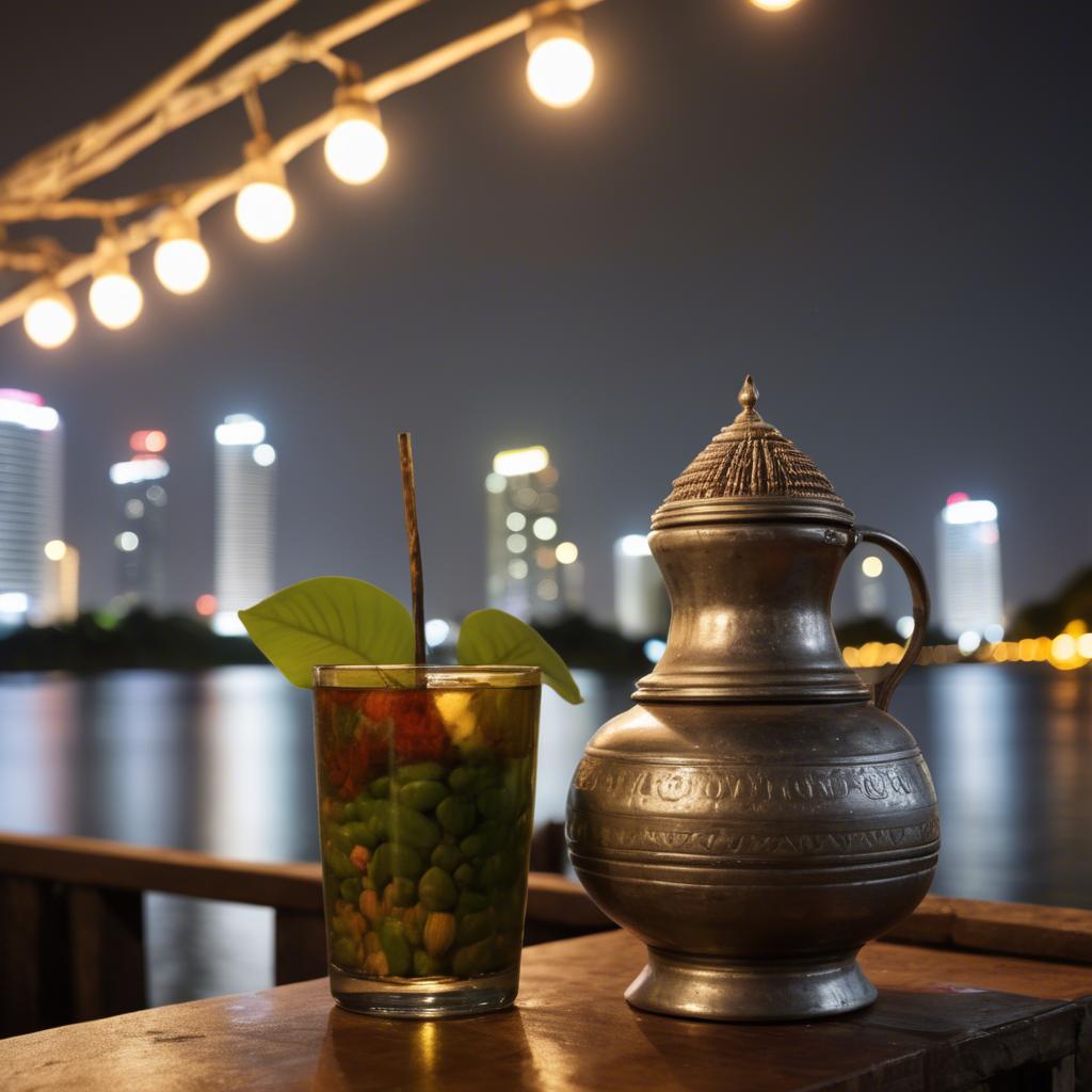 A stunning image of cambodian charm with a traditional sampot juxtaposed against modern city lights.