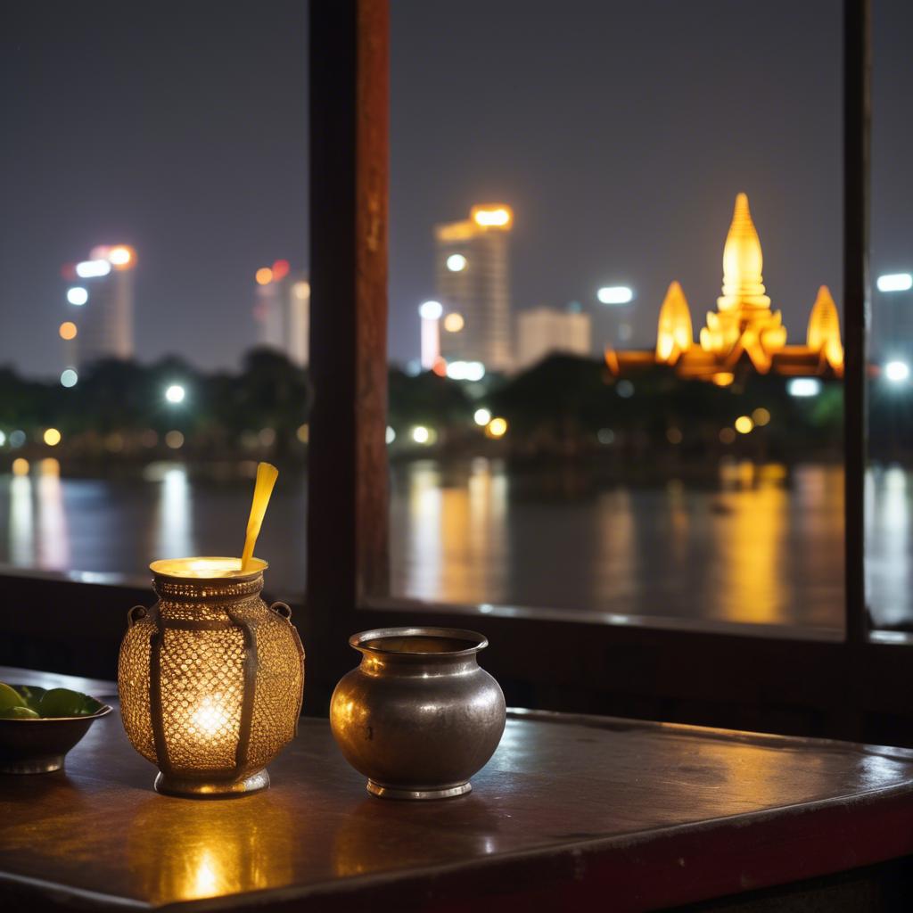 A stunning image of cambodian charm with a traditional sampot juxtaposed against modern city lights.