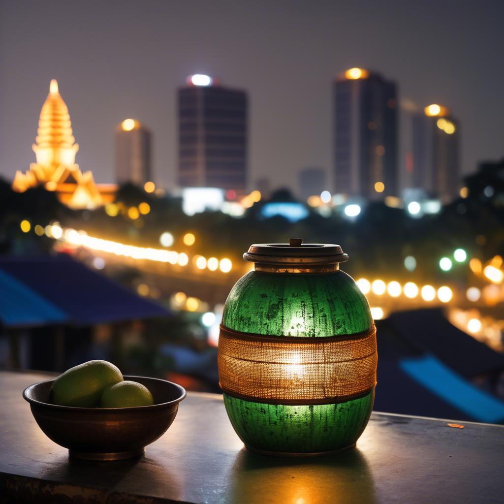 A stunning image of cambodian charm with a traditional sampot juxtaposed against modern city lights.
