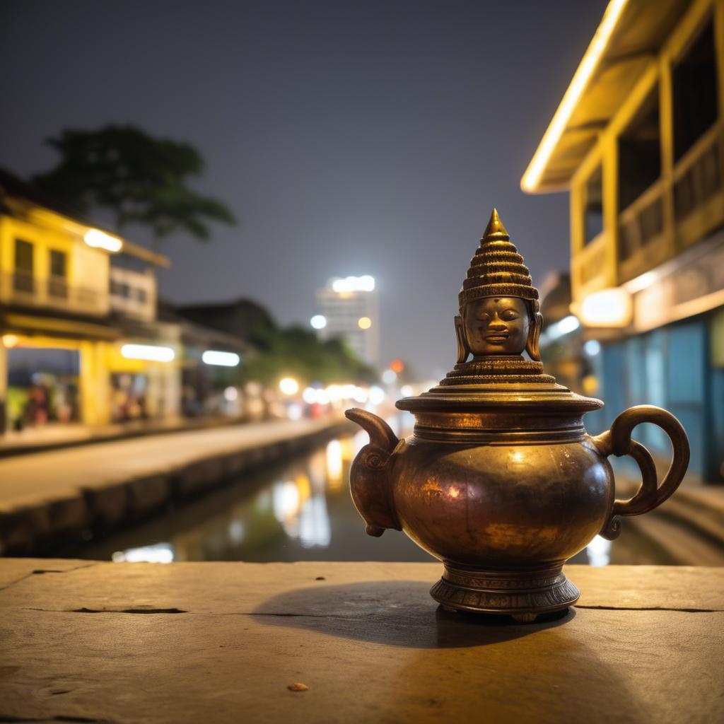A stunning image of cambodian charm with a traditional sampot juxtaposed against modern city lights.
