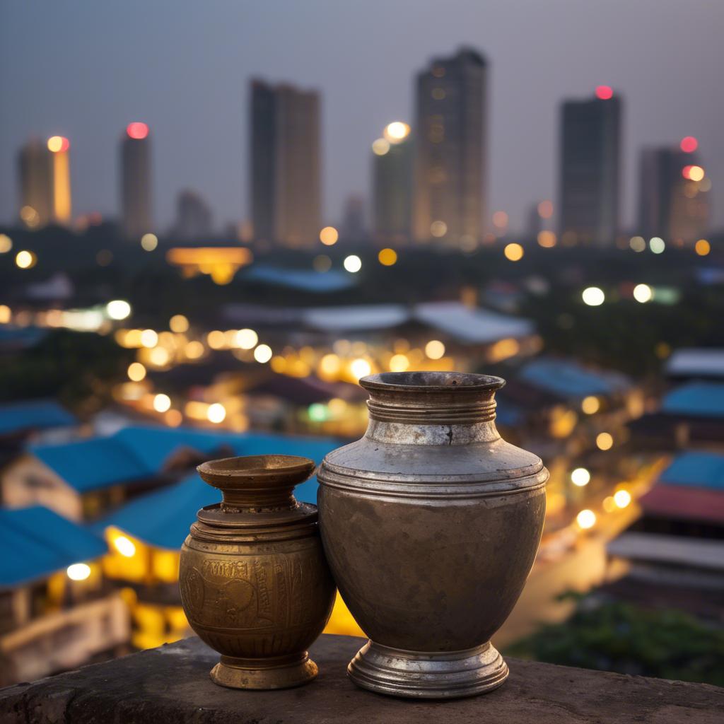 A stunning image of cambodian charm with a traditional sampot juxtaposed against modern city lights.