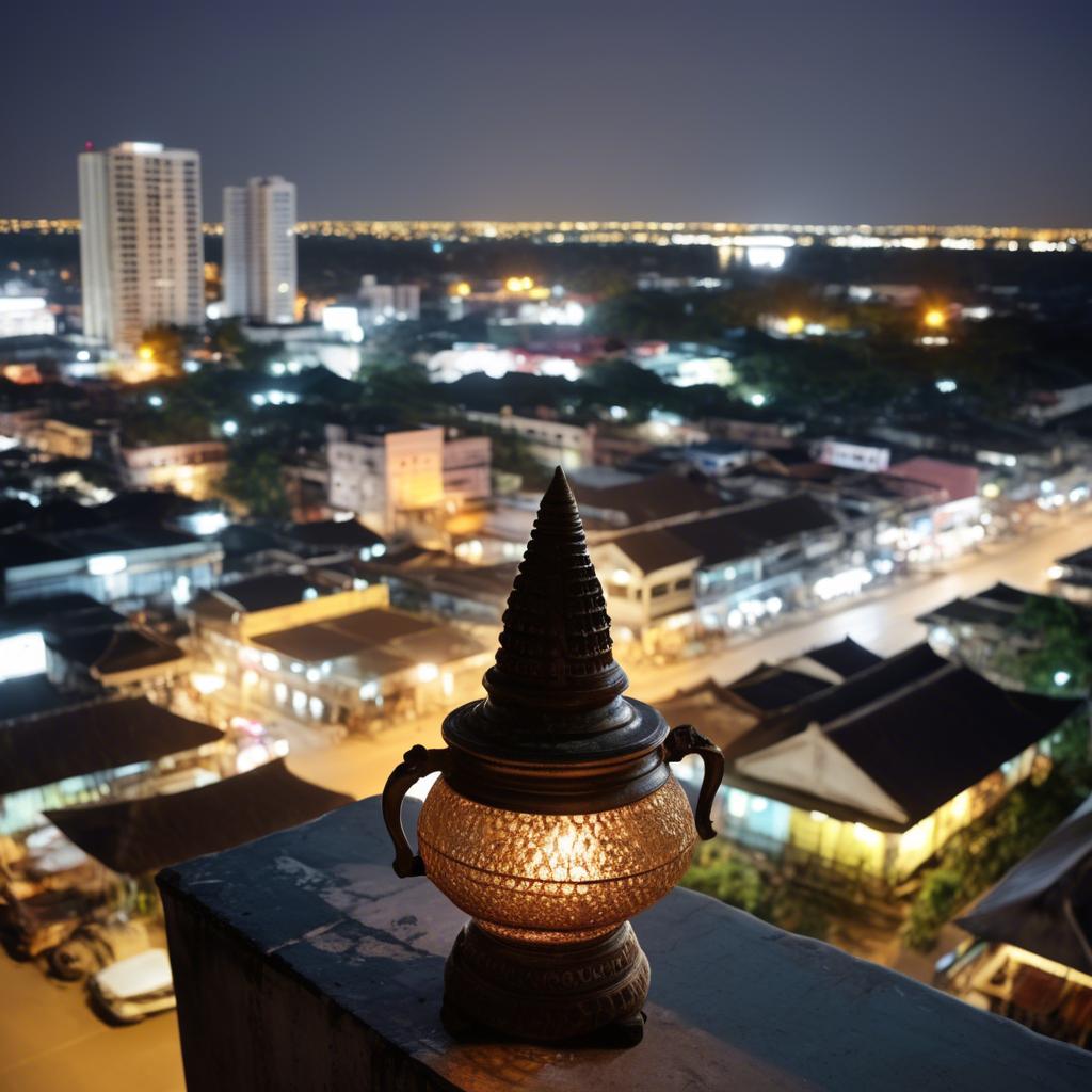 A stunning image of cambodian charm with a traditional sampot juxtaposed against modern city lights.