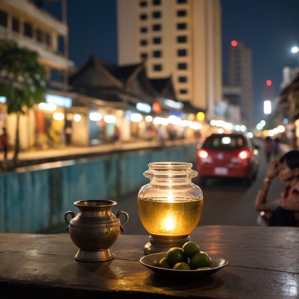 A stunning image of cambodian charm with a traditional sampot juxtaposed against modern city lights.