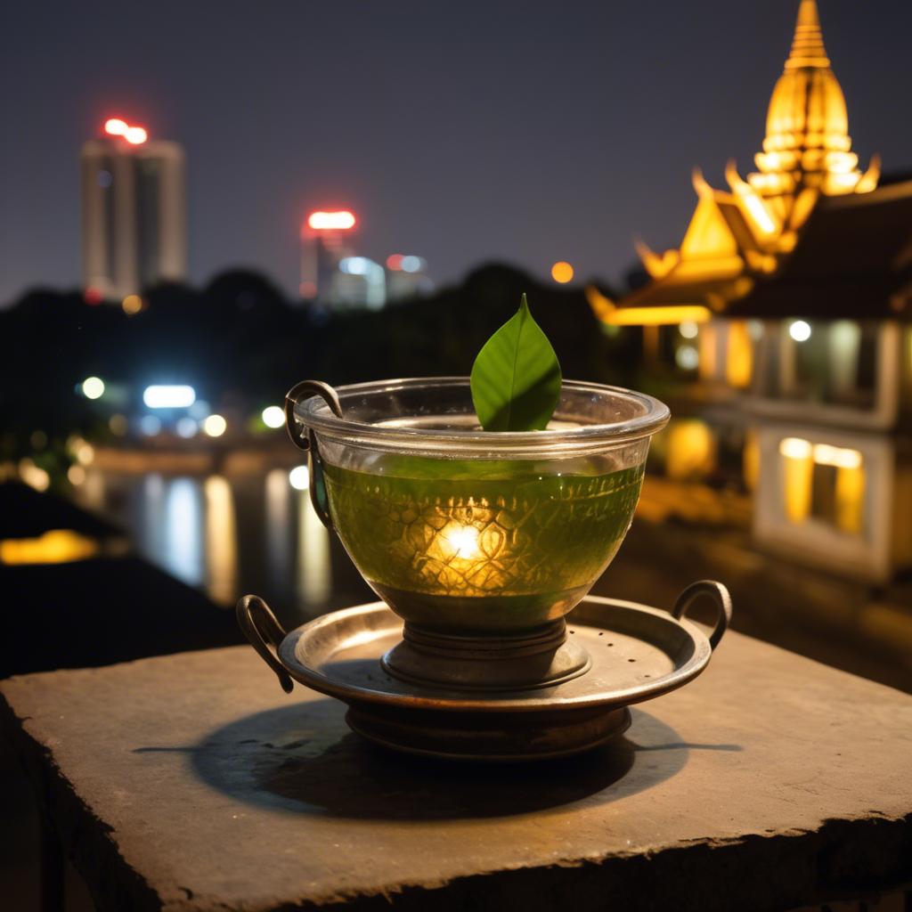 A stunning image of cambodian charm with a traditional sampot juxtaposed against modern city lights.