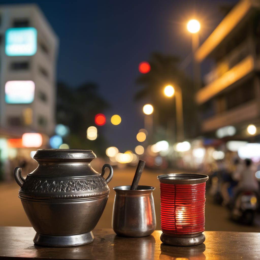 A stunning image of cambodian charm with a traditional sampot juxtaposed against modern city lights.