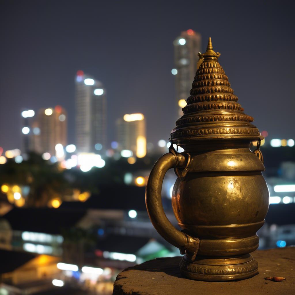 A stunning image of cambodian charm with a traditional sampot juxtaposed against modern city lights.