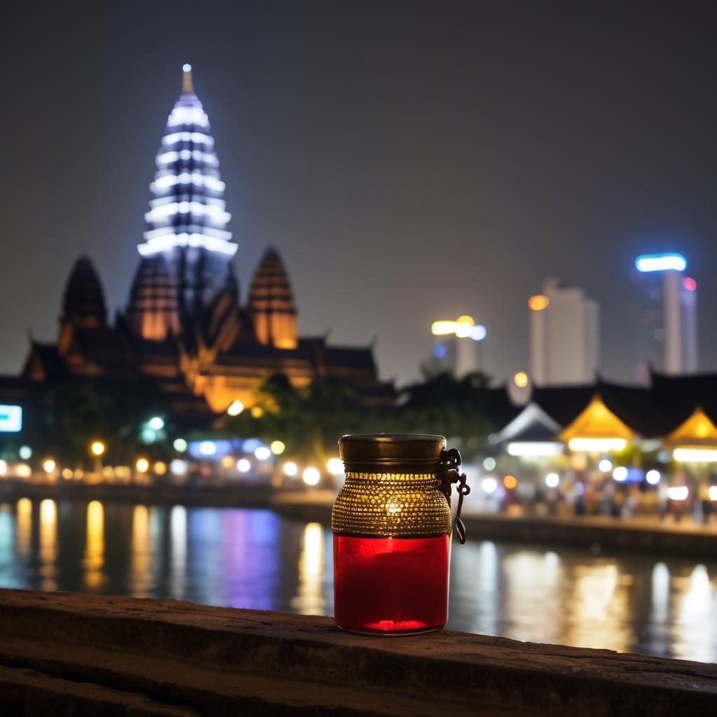 A stunning image of cambodian charm with a traditional sampot juxtaposed against modern city lights.