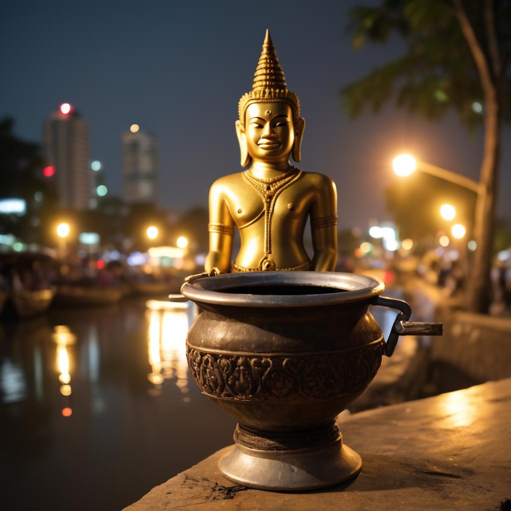 A stunning image of cambodian charm with a traditional sampot juxtaposed against modern city lights.