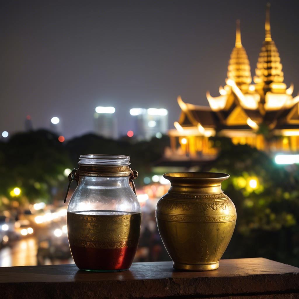 A stunning image of cambodian charm with a traditional sampot juxtaposed against modern city lights.