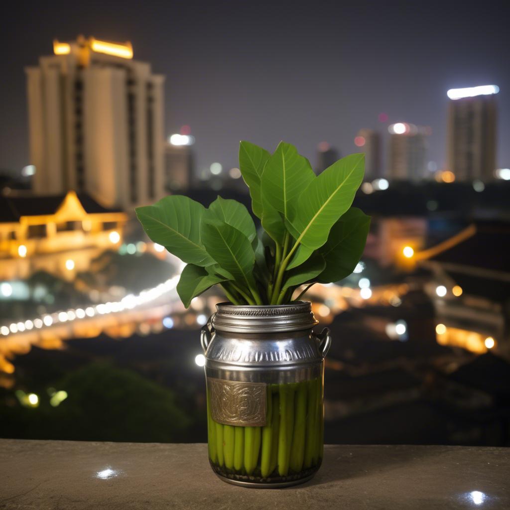 A stunning image of cambodian charm with a traditional sampot juxtaposed against modern city lights.