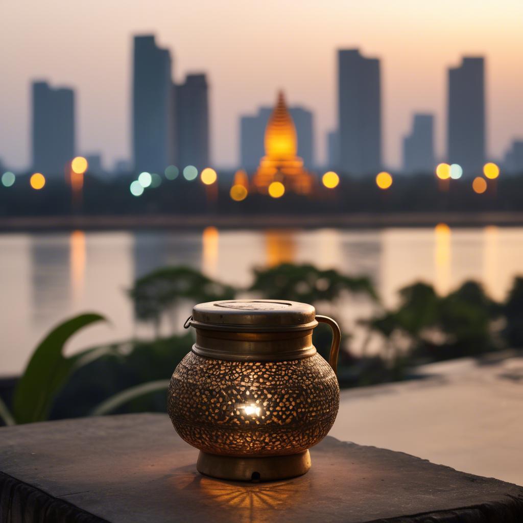 A stunning image of cambodian charm with a traditional sampot juxtaposed against modern city lights.