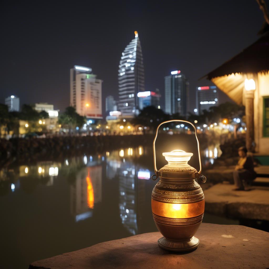 A stunning image of cambodian charm with a traditional sampot juxtaposed against modern city lights.