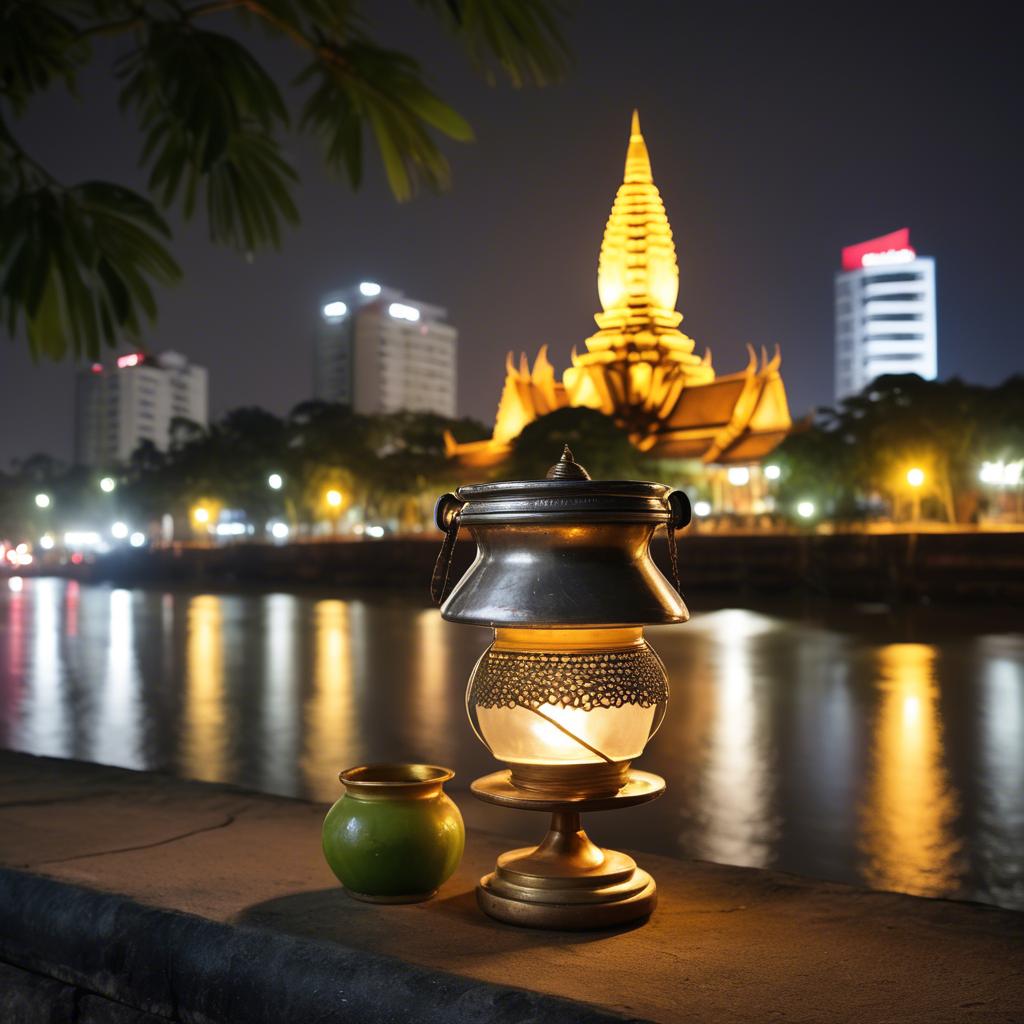A stunning image of cambodian charm with a traditional sampot juxtaposed against modern city lights.
