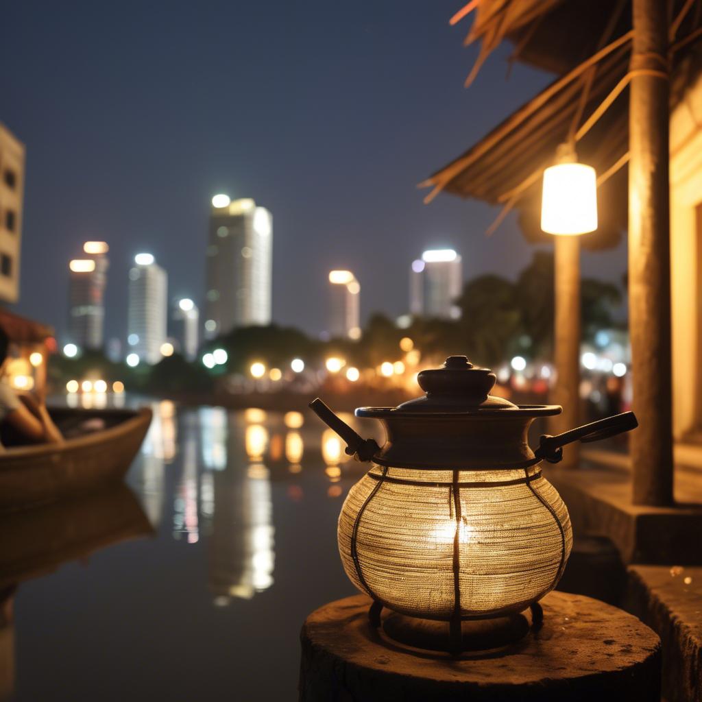 A stunning image of cambodian charm with a traditional sampot juxtaposed against modern city lights.