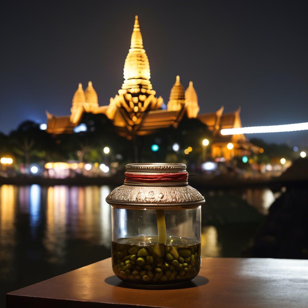 A stunning image of cambodian charm with a traditional sampot juxtaposed against modern city lights.