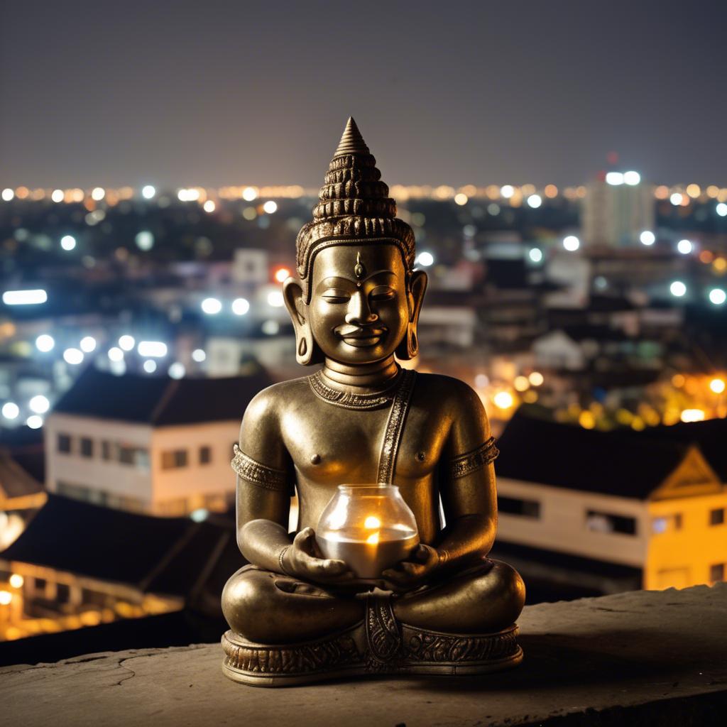 A stunning image of cambodian charm with a traditional sampot juxtaposed against modern city lights.