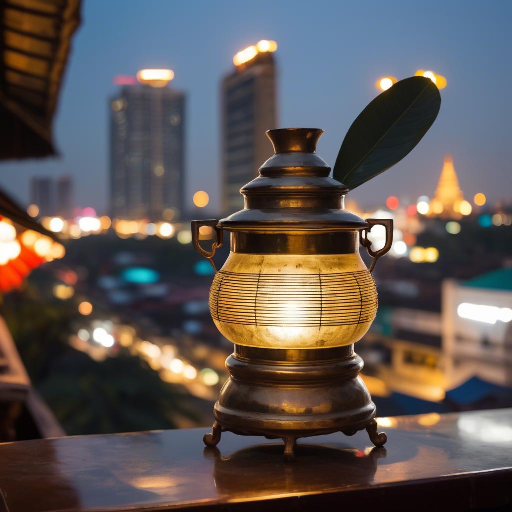A stunning image of cambodian charm with a traditional sampot juxtaposed against modern city lights.