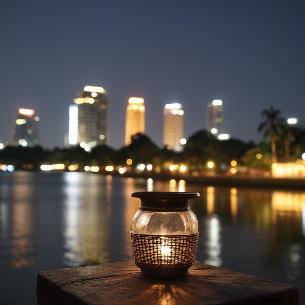 A stunning image of cambodian charm with a traditional sampot juxtaposed against modern city lights.