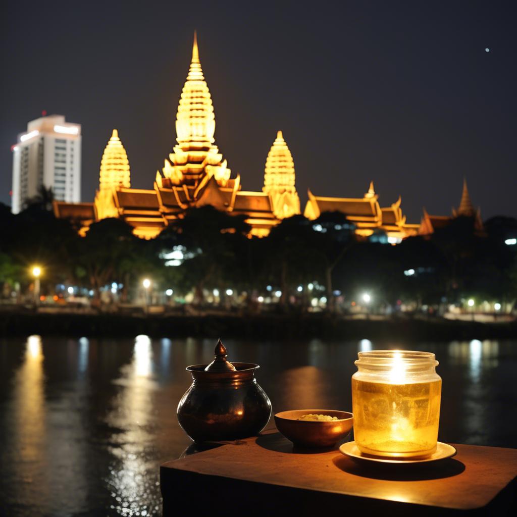 A stunning image of cambodian charm with a traditional sampot juxtaposed against modern city lights.