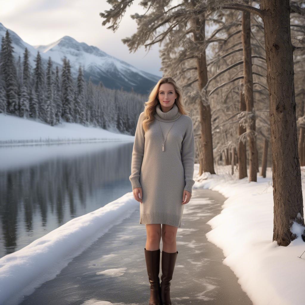 A stunning image of canadian grace in a cozy cashmere sweater dress framed by chilly winter scenery.