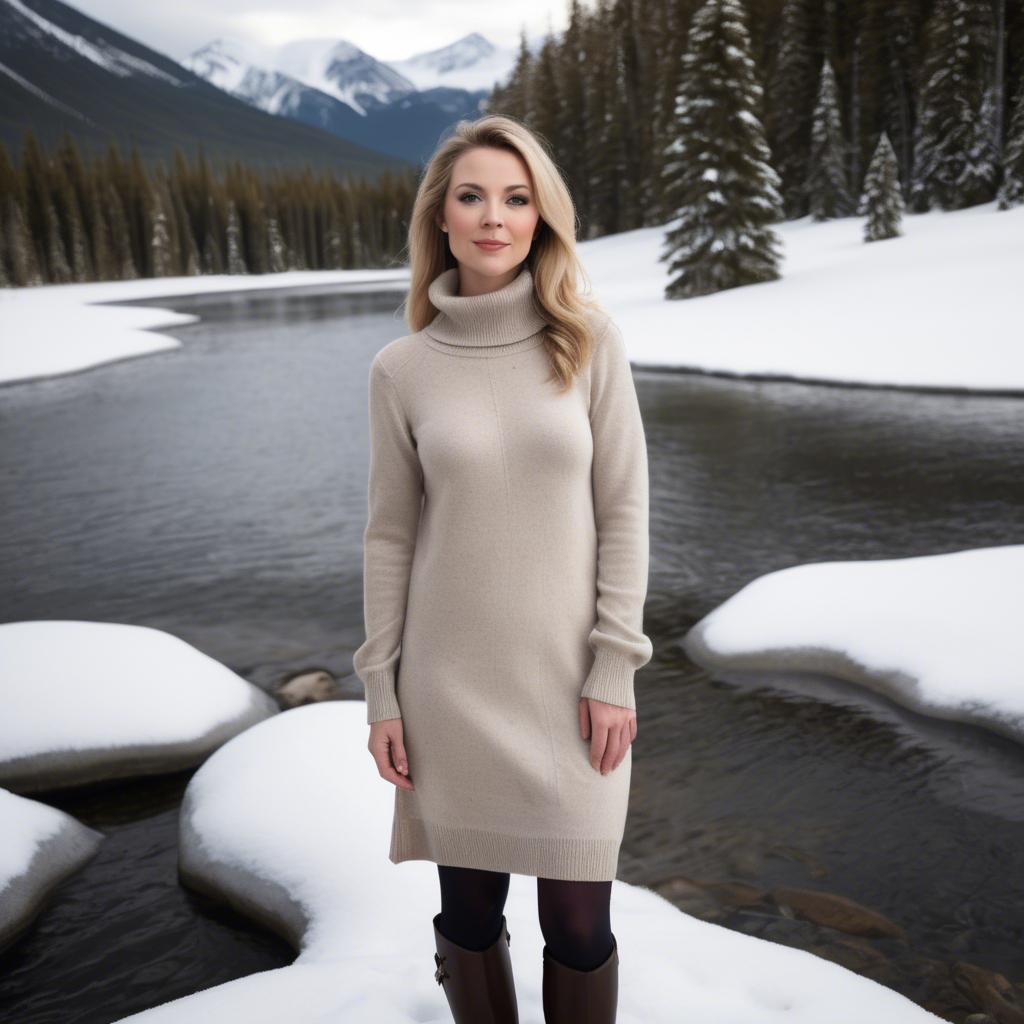 A stunning image of canadian grace in a cozy cashmere sweater dress framed by chilly winter scenery.
