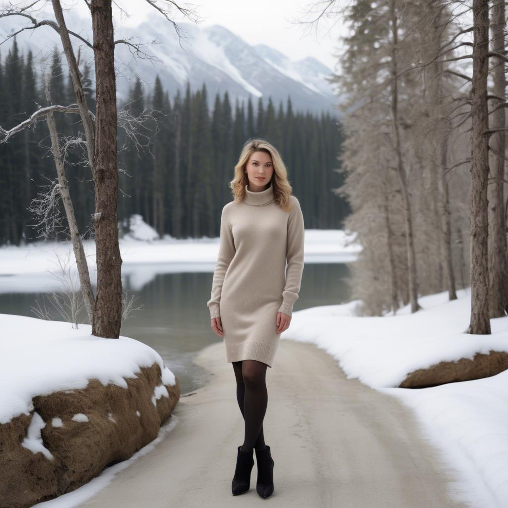 A stunning image of canadian grace in a cozy cashmere sweater dress framed by chilly winter scenery.