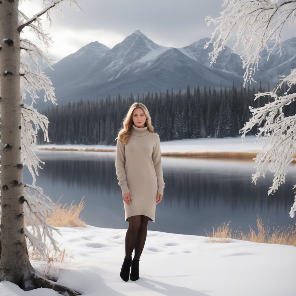 A stunning image of canadian grace in a cozy cashmere sweater dress framed by chilly winter scenery.