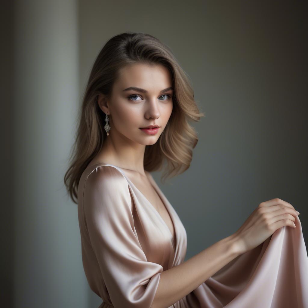 A stunning image of caucasian beauty in a silk dress.
