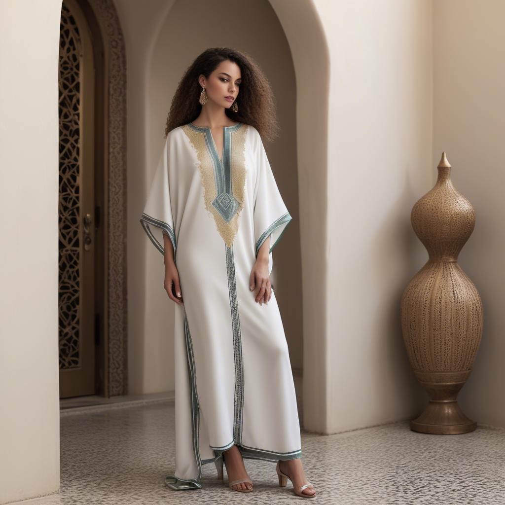 A stunning image of chic algerian vibe in a sleek modern caftan highlighted by minimalist dã©cor.