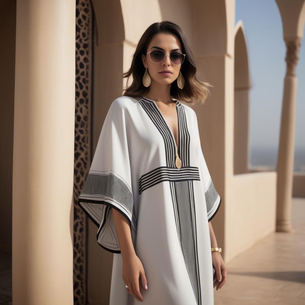 A stunning image of chic algerian vibe in a sleek modern caftan highlighted by minimalist dã©cor.