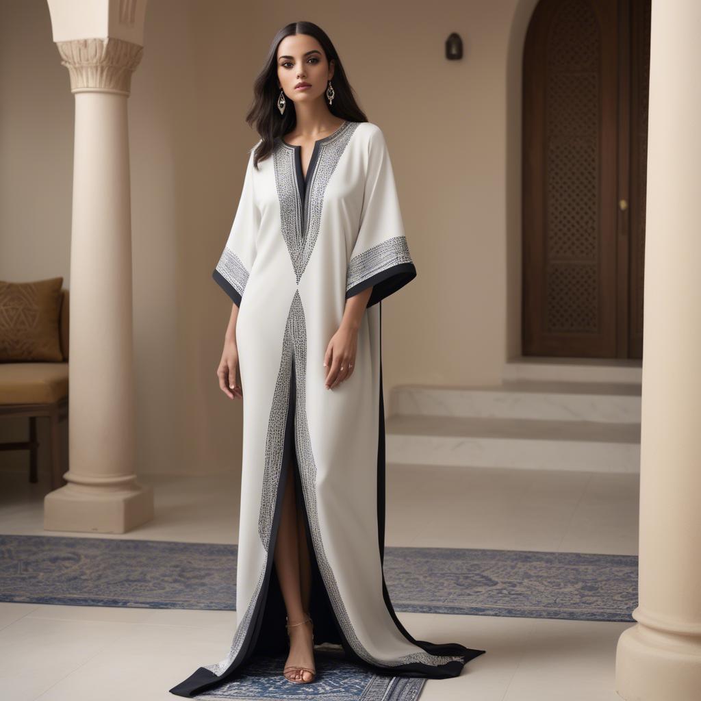A stunning image of chic algerian vibe in a sleek modern caftan highlighted by minimalist dã©cor.