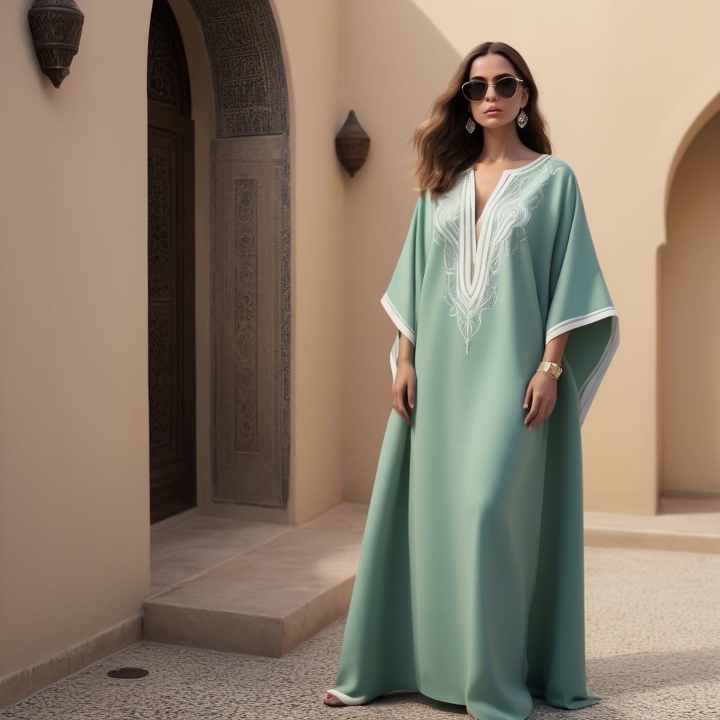 A stunning image of chic algerian vibe in a sleek modern caftan highlighted by minimalist dã©cor.