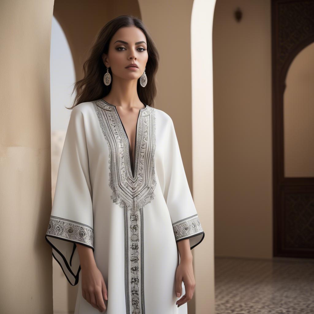 A stunning image of chic algerian vibe in a sleek modern caftan highlighted by minimalist dã©cor.