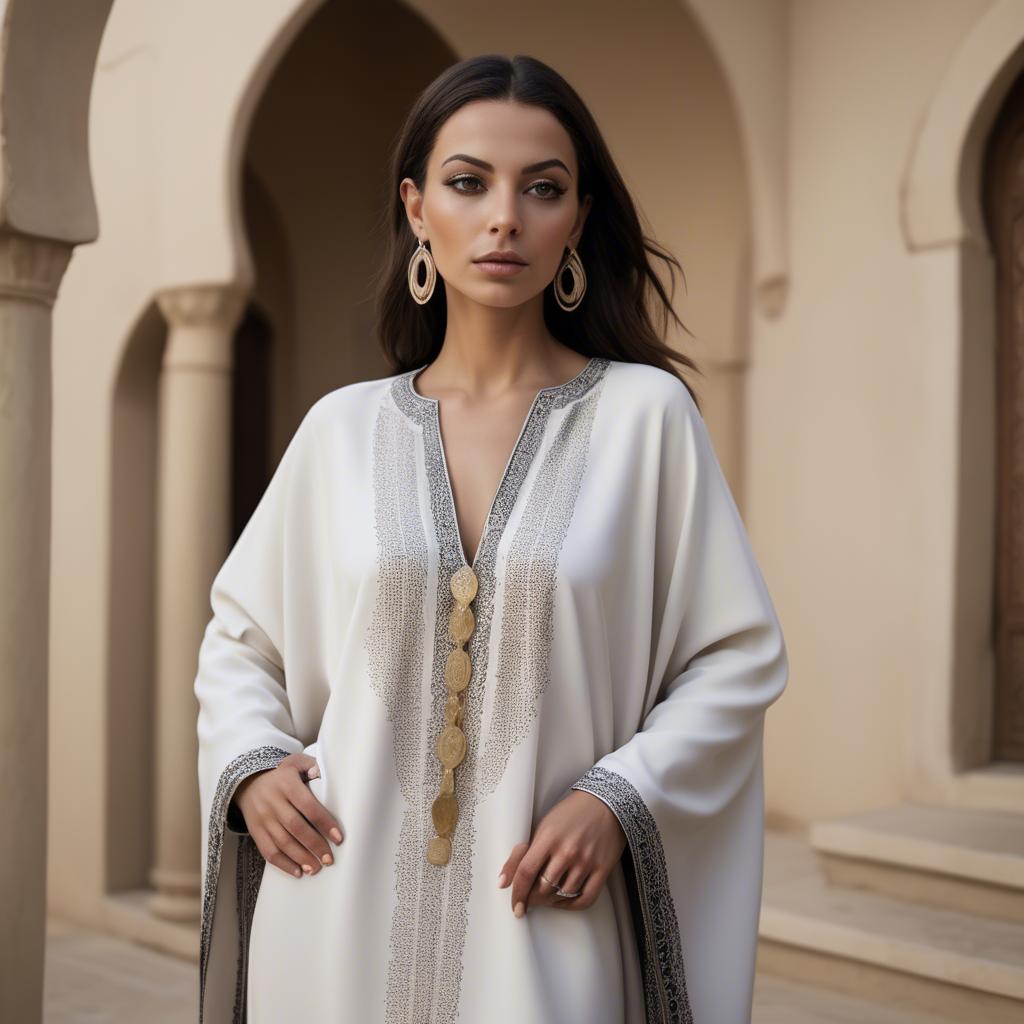 A stunning image of chic algerian vibe in a sleek modern caftan highlighted by minimalist dã©cor.