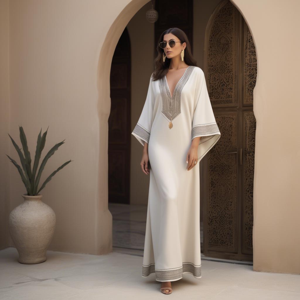 A stunning image of chic algerian vibe in a sleek modern caftan highlighted by minimalist dã©cor.