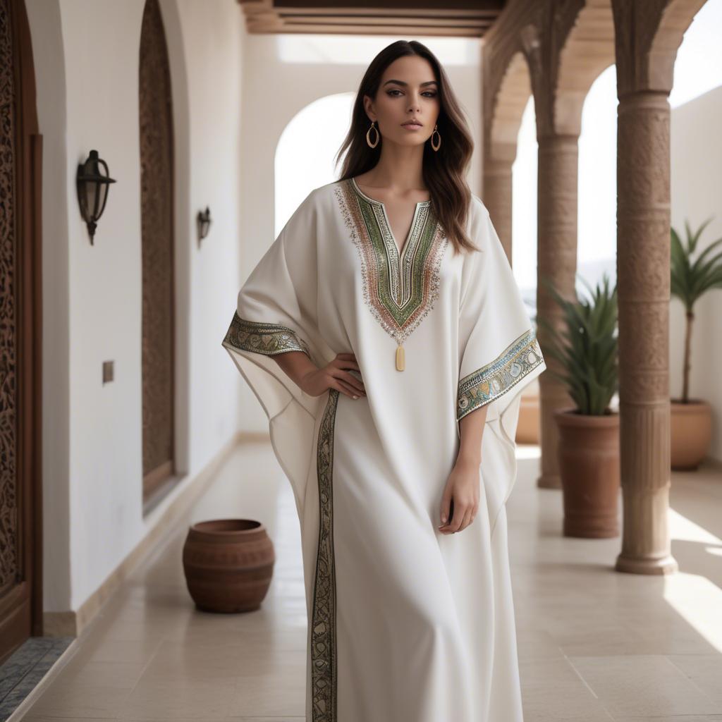 A stunning image of chic algerian vibe in a sleek modern caftan highlighted by minimalist dã©cor.