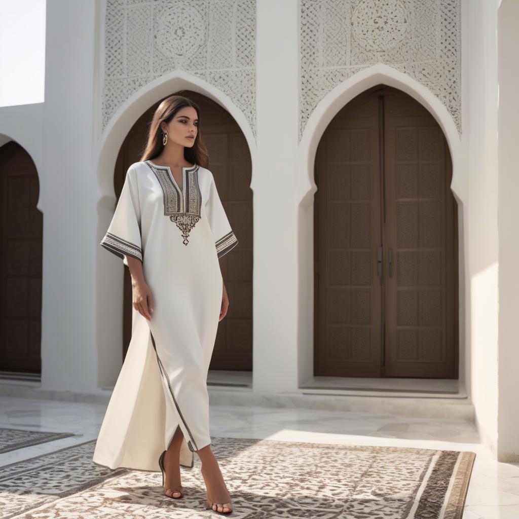 A stunning image of chic algerian vibe in a sleek modern caftan highlighted by minimalist dã©cor.