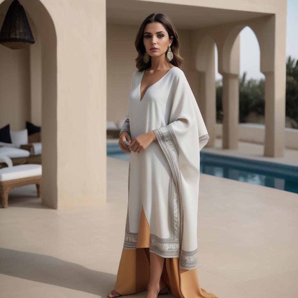 A stunning image of chic algerian vibe in a sleek modern caftan highlighted by minimalist dã©cor.
