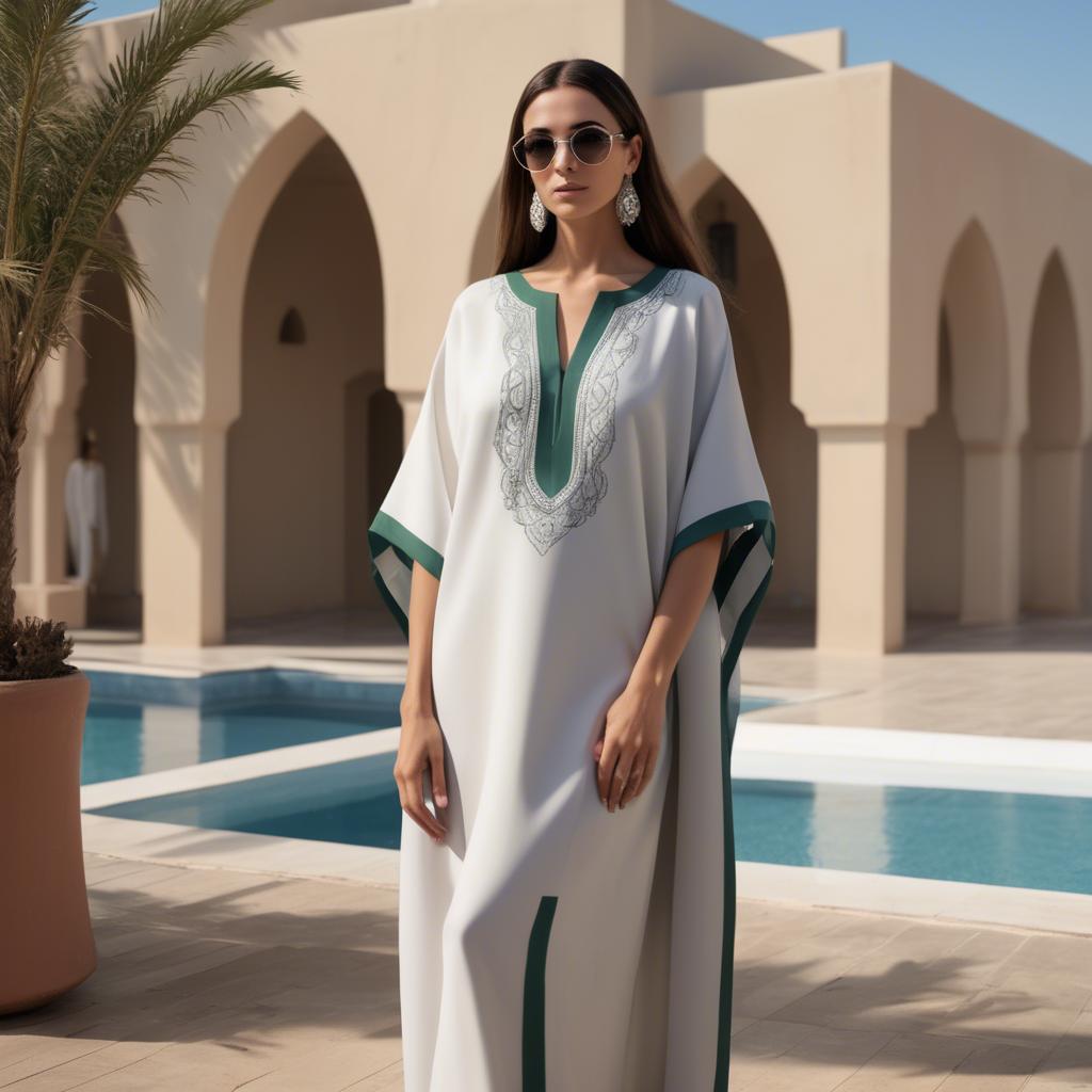 A stunning image of chic algerian vibe in a sleek modern caftan highlighted by minimalist dã©cor.