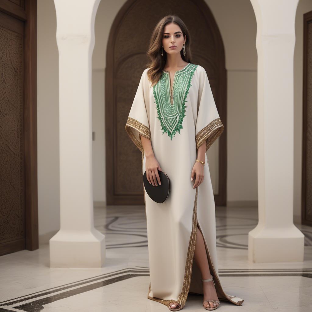 A stunning image of chic algerian vibe in a sleek modern caftan highlighted by minimalist dã©cor.
