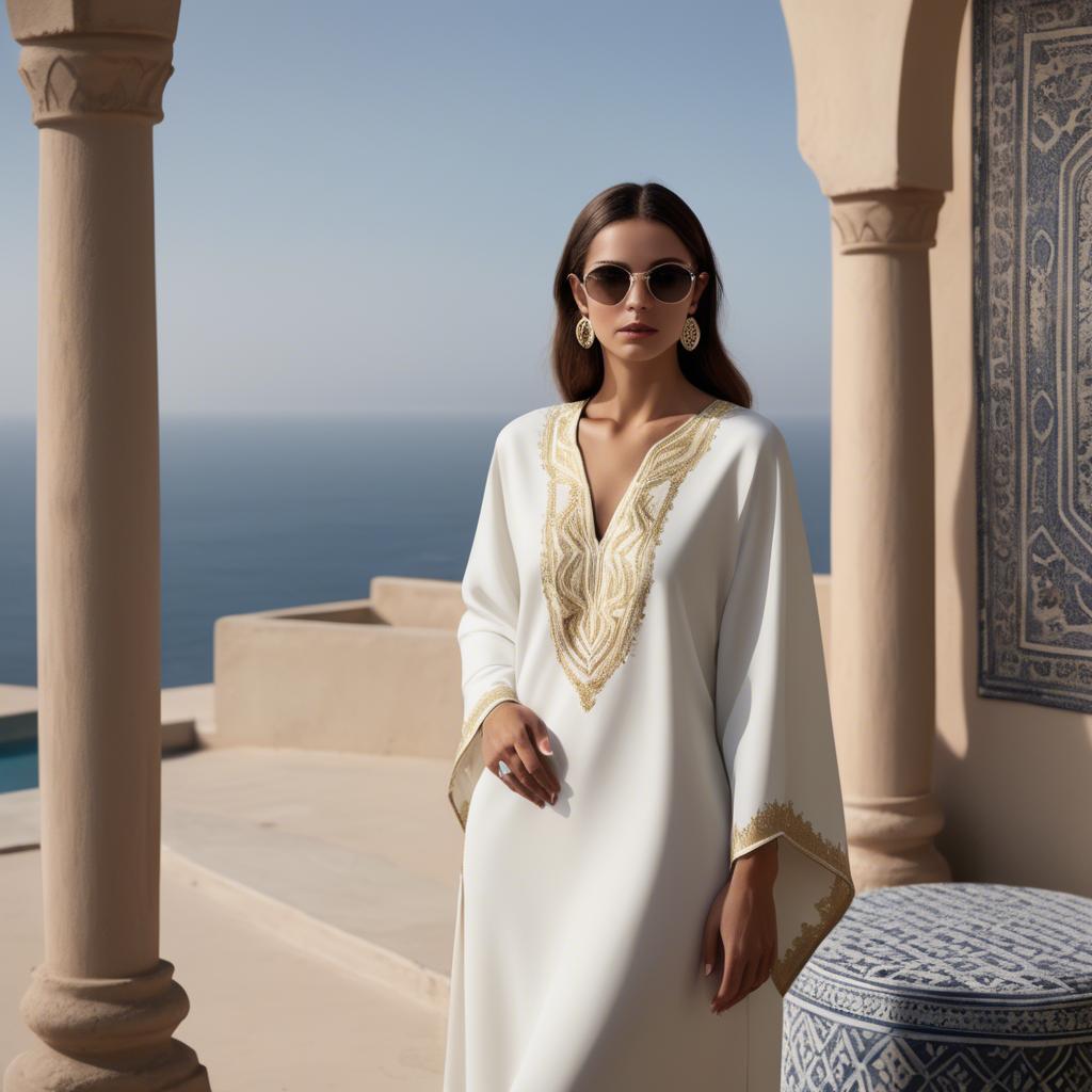 A stunning image of chic algerian vibe in a sleek modern caftan highlighted by minimalist dã©cor.