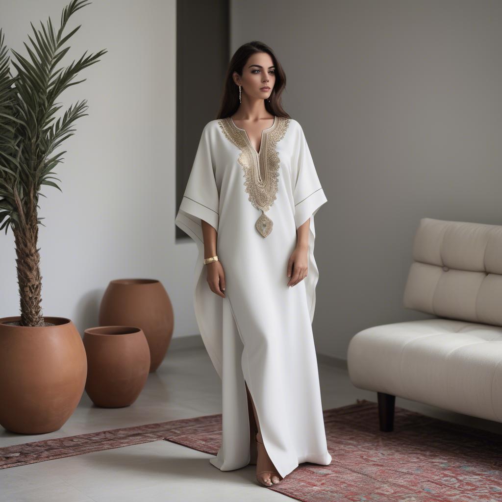 A stunning image of chic algerian vibe in a sleek modern caftan highlighted by minimalist dã©cor.
