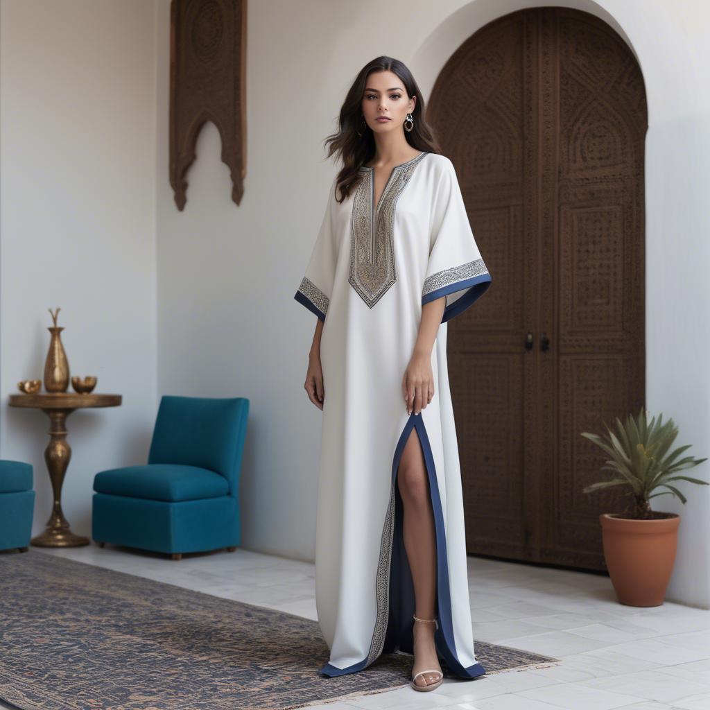 A stunning image of chic algerian vibe in a sleek modern caftan highlighted by minimalist dã©cor.
