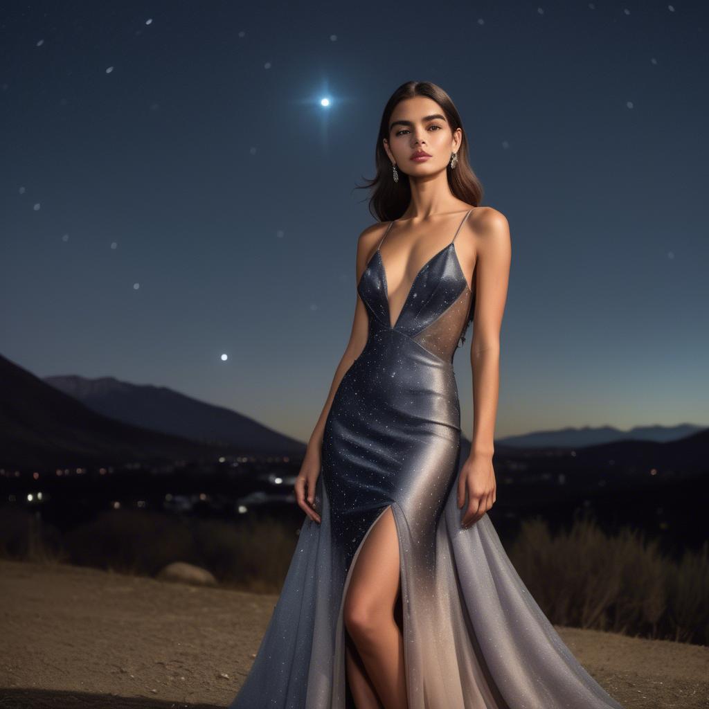A stunning image of chilean model radiating confidence in a sleek evening gown under star-filled skies.