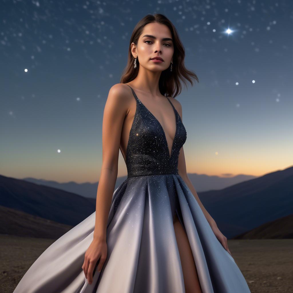 A stunning image of chilean model radiating confidence in a sleek evening gown under star-filled skies.