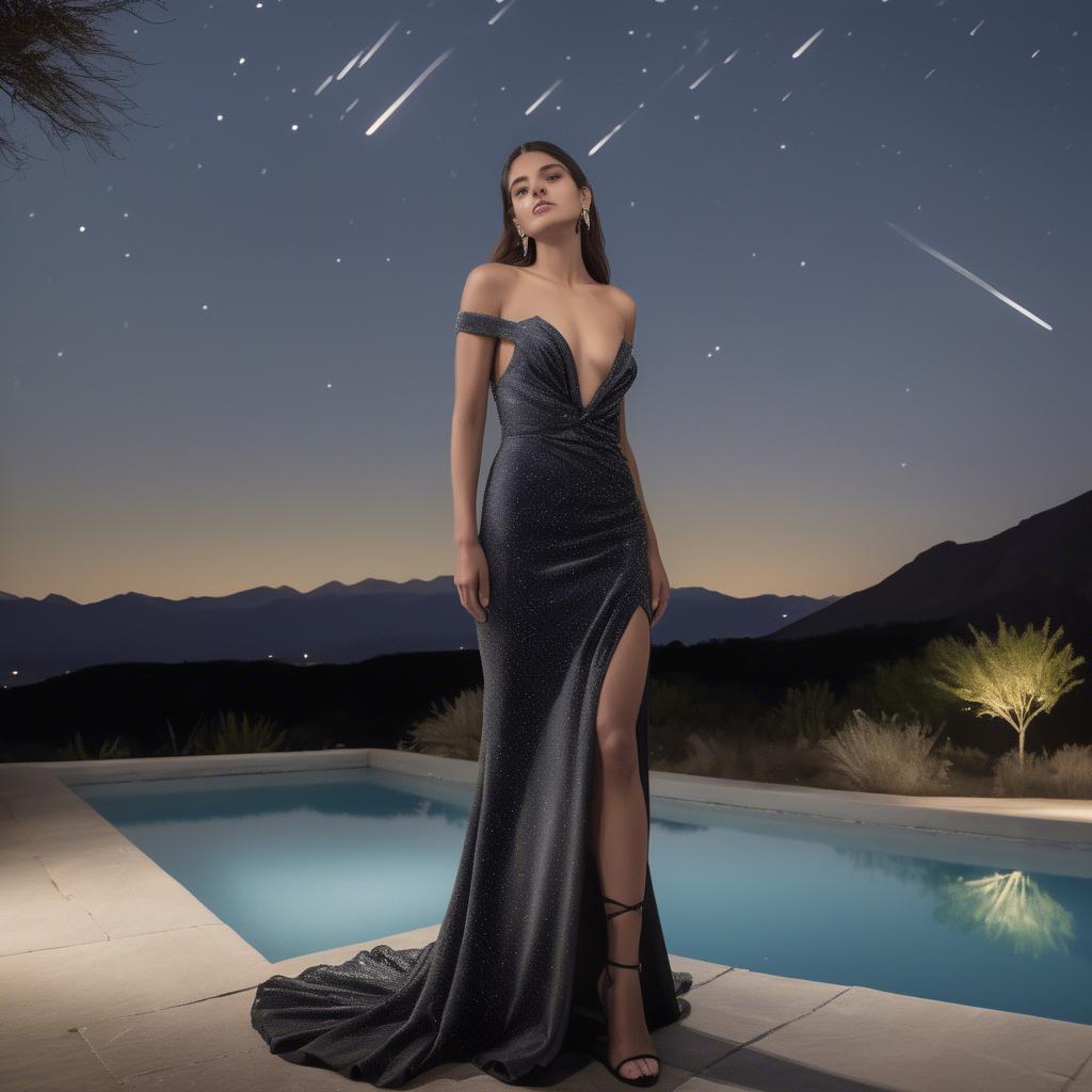 A stunning image of chilean model radiating confidence in a sleek evening gown under star-filled skies.
