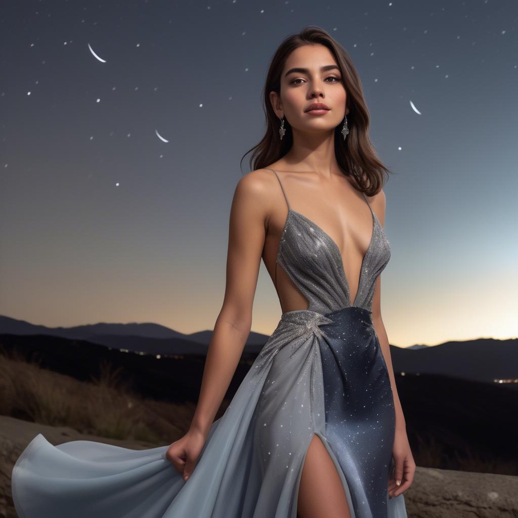 A stunning image of chilean model radiating confidence in a sleek evening gown under star-filled skies.