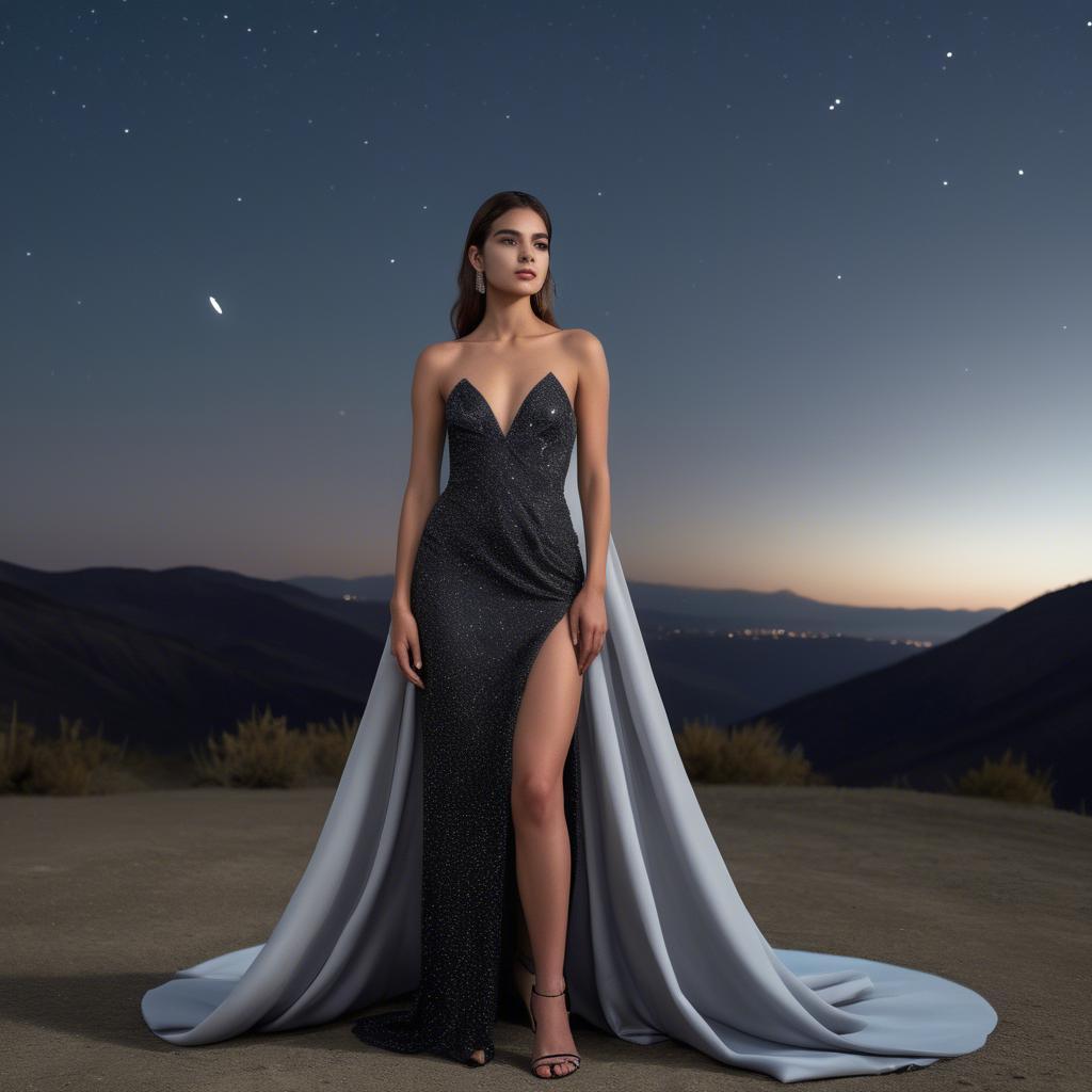 A stunning image of chilean model radiating confidence in a sleek evening gown under star-filled skies.